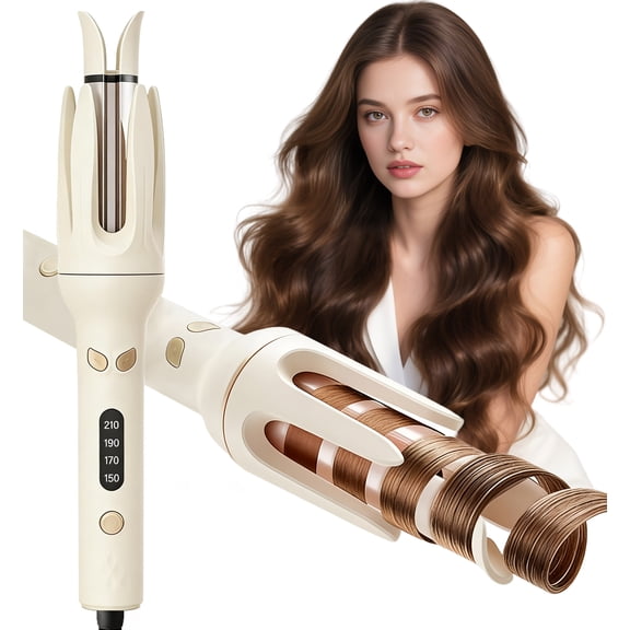 Automatic Curling Iron 28mm, Anti-Tangle Rotating Hair Curler Negative Ionic Ceramic, Curls & Waves, Cream Yellow