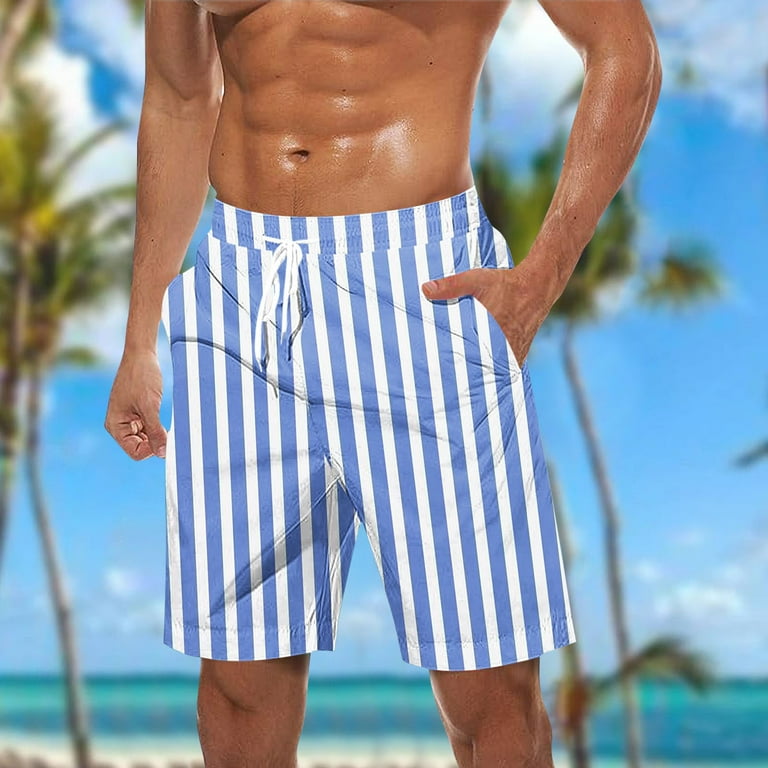 Akafmk Mens Beach Shorts Striped Print Pockets Drawstring Waist