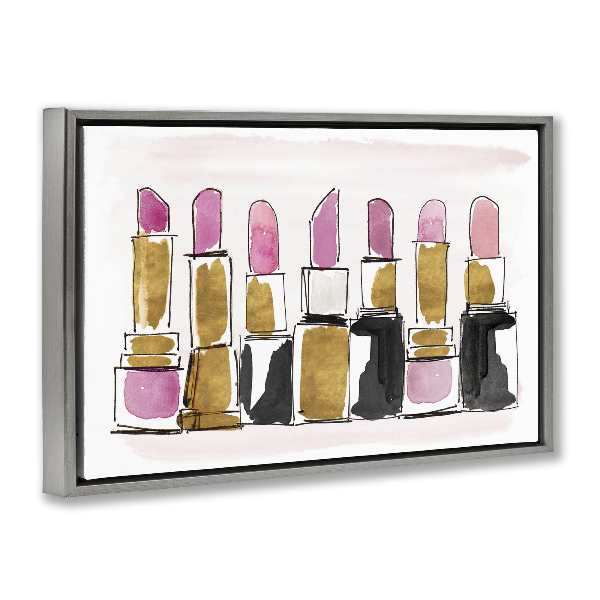 Stupell Industries Glam Lipstick Doodle Fashion Painting Gray Floater Framed Canvas Art Print Wall Art, 25 x 17