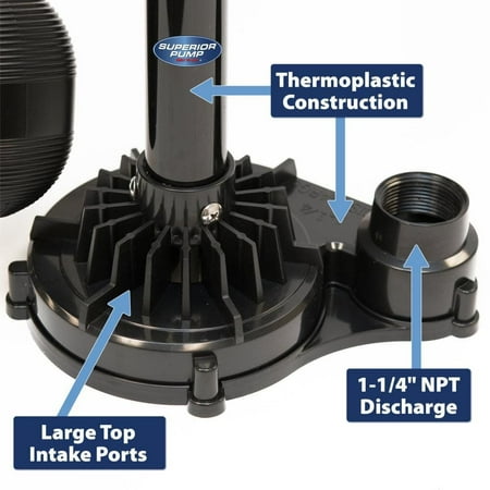 Superior Pump 92333 Multi Use Utility Sump Water Pump, 120 V, 0.33 Hp, 1-1/4 in Outlet, 50 Gpm, Thermoplastic - Black