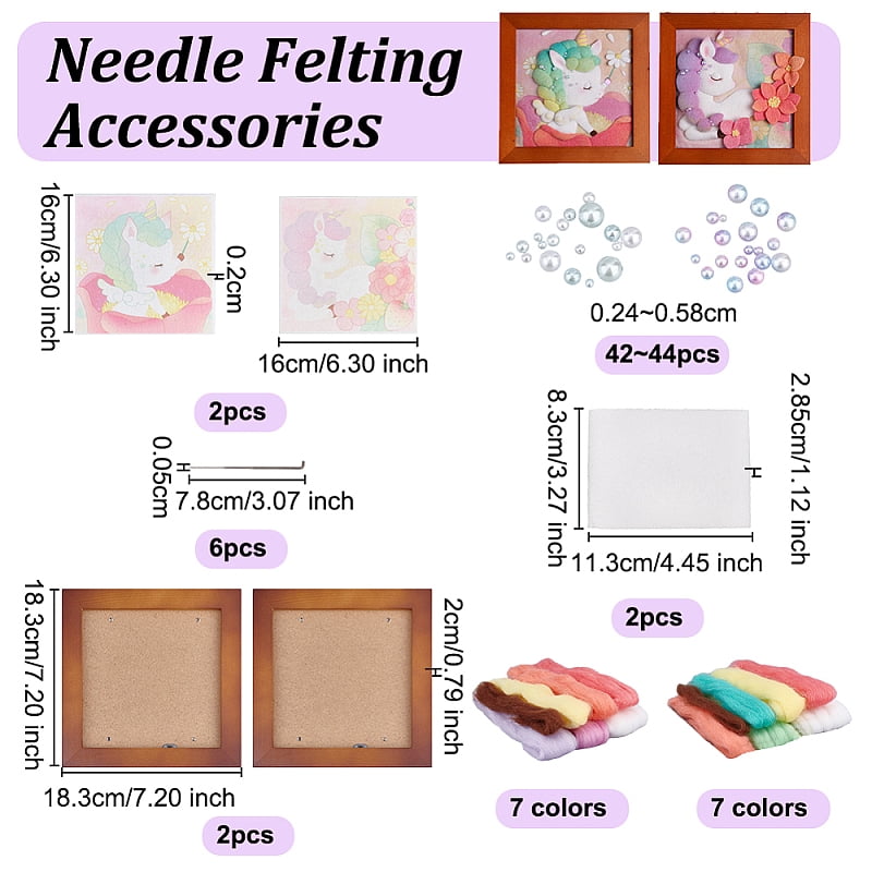 2 Sets 2 Style Unicorn Pattern Photo Frame Needle Felting Kits for Beginners Mixed Color 183x183x20mm 1 set/style for DIY