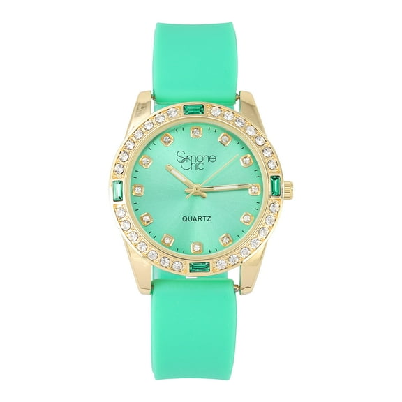 Women's Diamond & Gem Pave Fashion Rolly Rubber Band Timepiece - Colorful Dial w/Matching Baguette Bling on Watch Trim - Ladies Be Burnin' w/This Sport Chic Trendy Fashion Accessory - ST10415SB Mint
