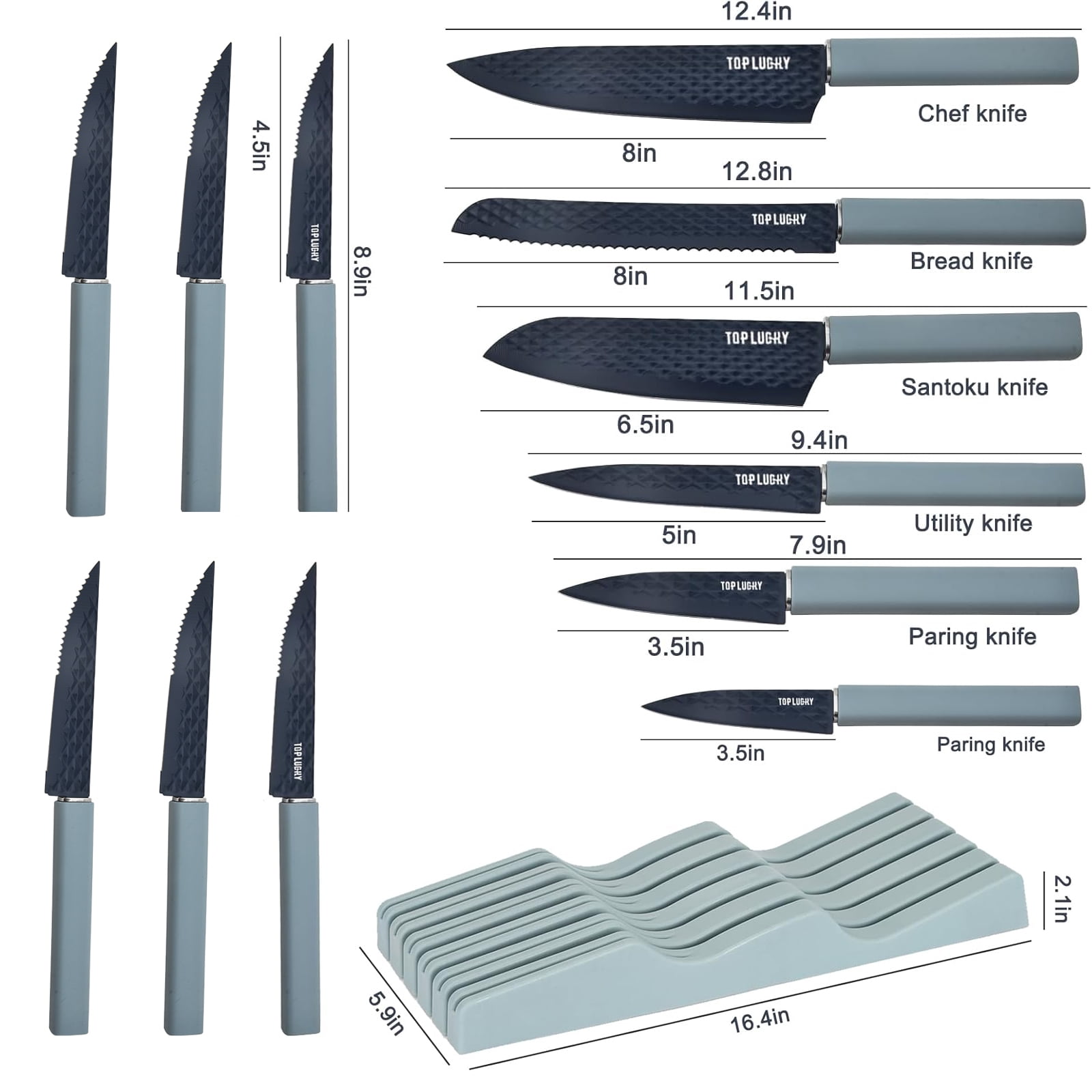 In-Drawer Kitchen Knife Set, 12 Pieces Knife Block Set with In-Drawer Knife Organizer, Sharp & Non-stick Stainless Steel Chef Knife Set, Kitchen Knives Set for Kitchen Home Apartment