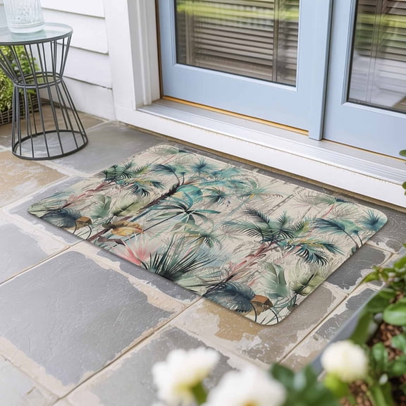 Summer Palm Trees Door Mat Indoor Outdoor, Vintage Botanical Tropical Leaves Non Slip Welcome Mat with Rubber Backing, Absorbent Fabric Front Door Mats Entryway Rug for Home Patio Entrance 16"x24"
