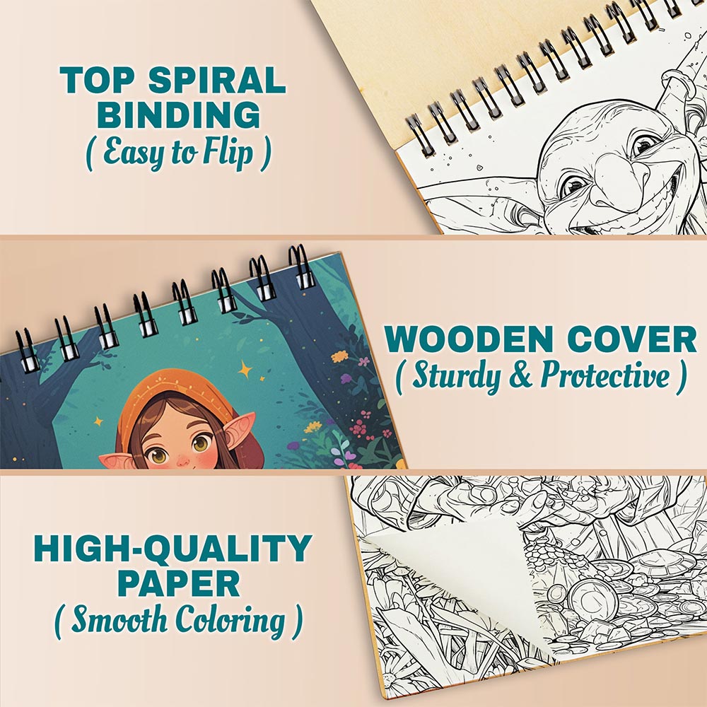 Netecom Adorable Fantasy Creatures Coloring Book Spiral Bound For Adults, A5 Wooden Cover, 30 Whimsical Coloring Pages of Cute Mythical Creatures for Stress Relief and Relaxation