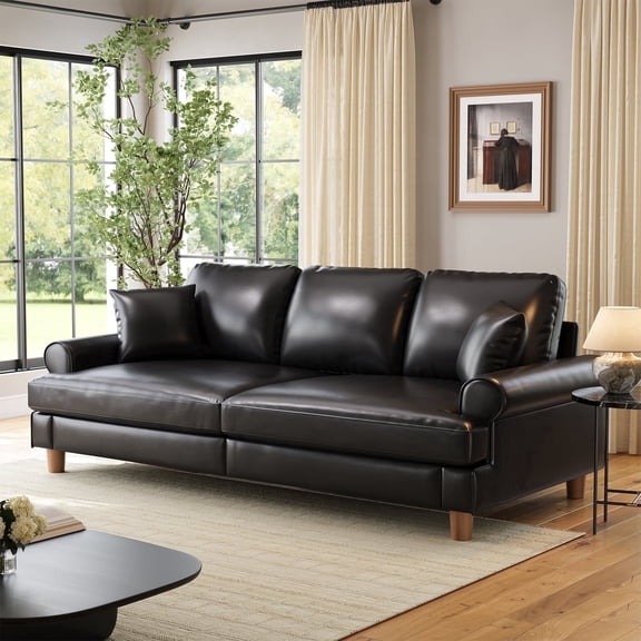 87" Couch Premium PU Leather Sofa, Comfy Extra Deep Seat 3 Seater Couch for Living Room, with 2 Pillows, Black
