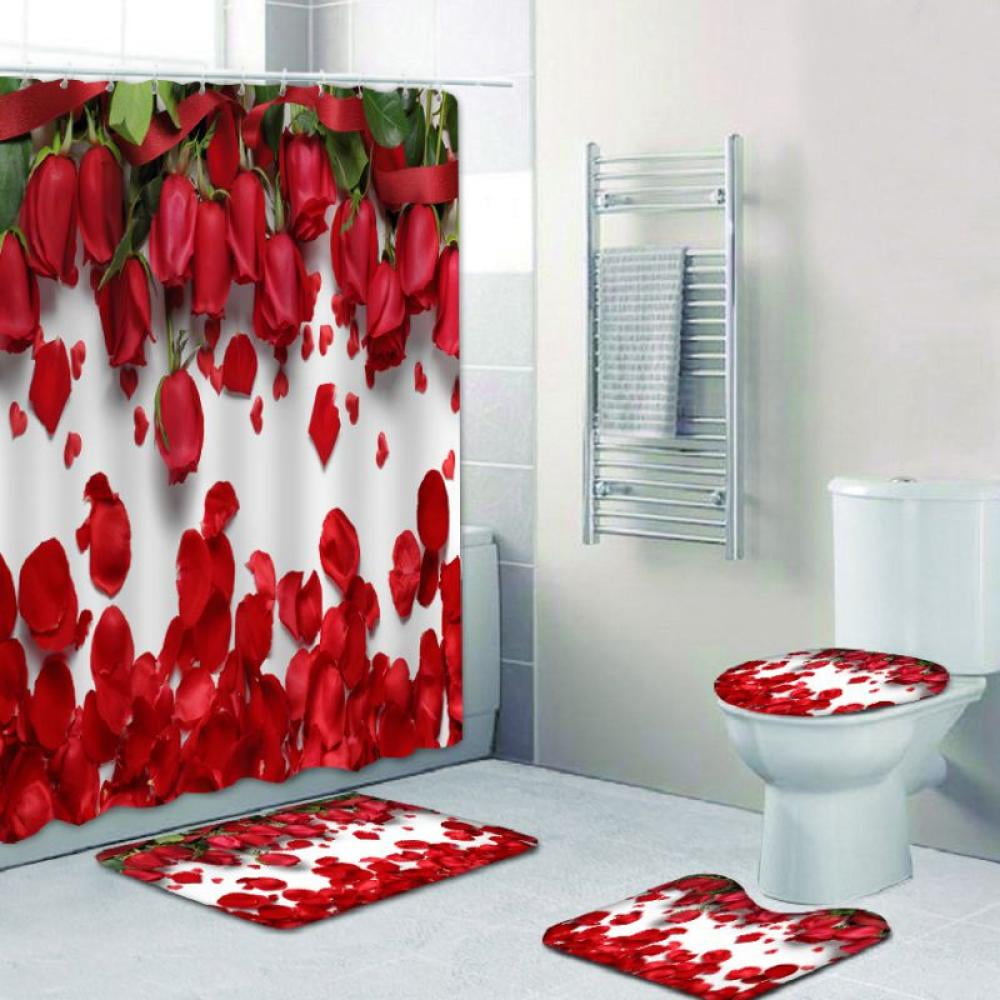 Red Floral Shower Curtain Bathroom Rugs Thick Bath Mat Non-Slip Toilet Lid Cover 