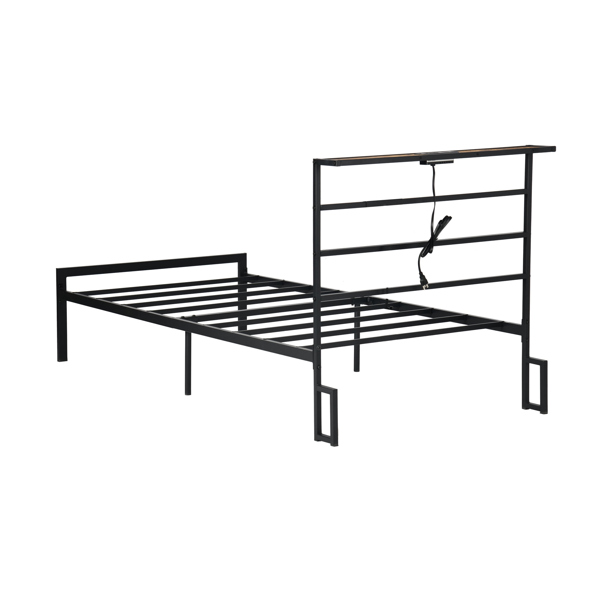 Homy Casa Twin Size Metal Bed Frame with Headboard, Built-in Power Outlet, Sturdy Support for Single Beds, Black
