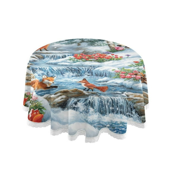 YAZAOO Round Tablecloth Winter Scene with Animals Cabin Pattern Tableclothes