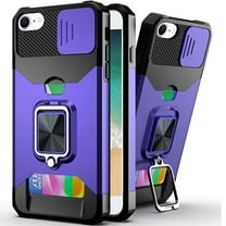 For Apple iPhone 16e Case, Wallet Case with Ring Stand & Slide Camera Cover Back Credit Card Slot Holder, Military Grade Phone Cover (Purple)