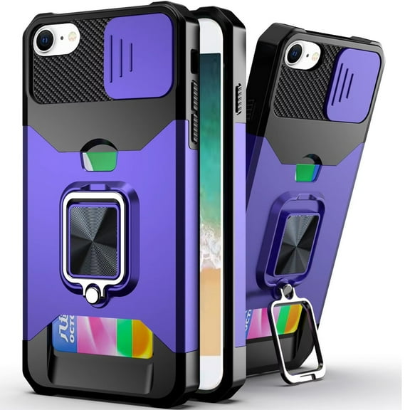 For Apple iPhone 16e Case, Wallet Case with Ring Stand & Slide Camera Cover Back Credit Card Slot Holder, Military Grade Phone Cover (Purple)