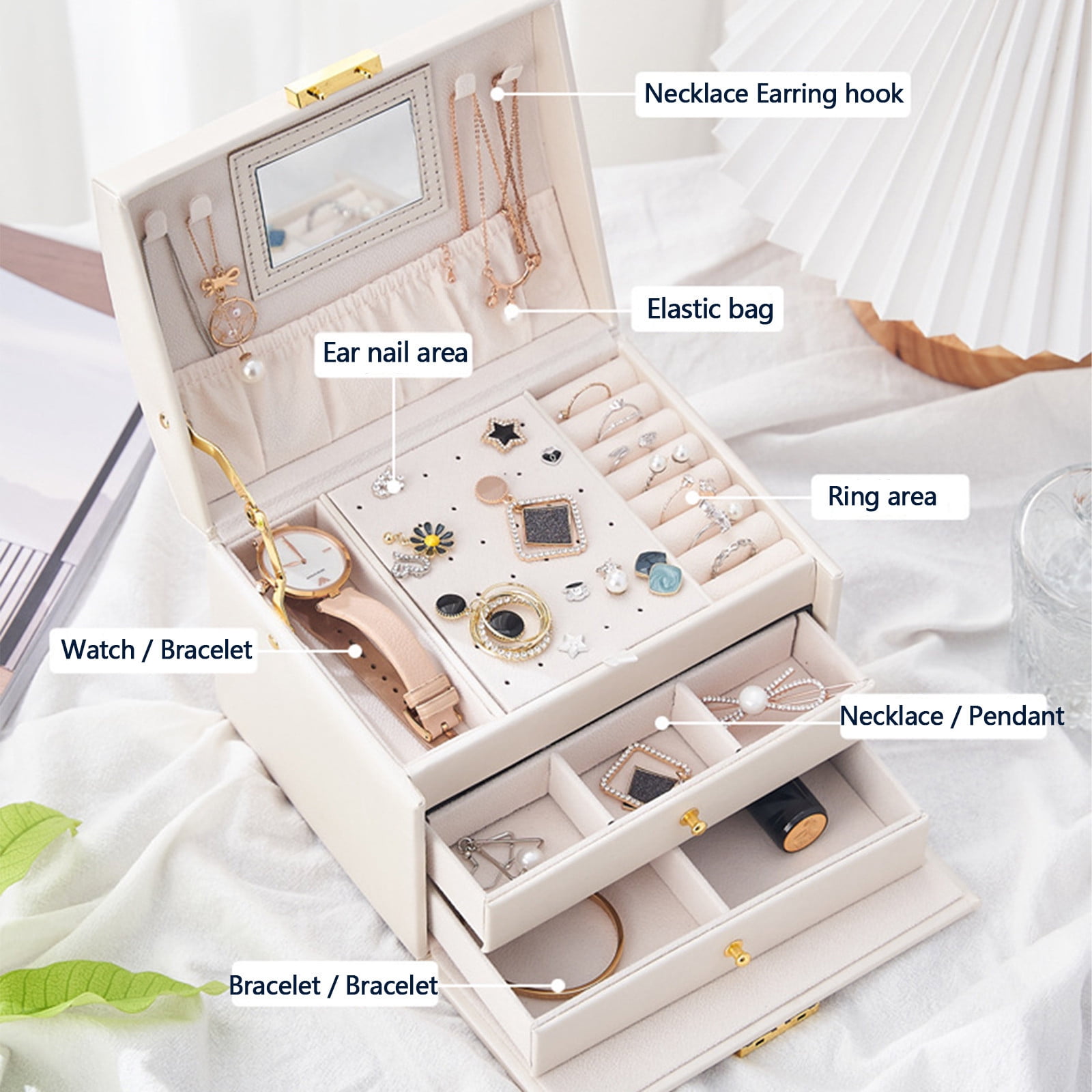 Jewelry Box With Lock And Mirror Jewelry Organizer Storage Case With 3-Layers Display For Earrings Bracelets Rings Watches