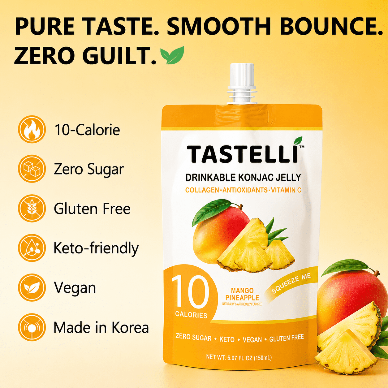 Tastelli Mango Pineapple Konjac Jelly Infused with Collagen & Vitamin C | Gluten Free, Sugar Free, Low Calorie | Vegan Drinkable Fruit Jelly Snack | 150mL x 10 Pouches