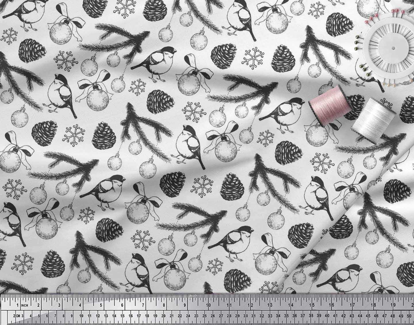 Soimoi Black polyester Georgette Fabric Spruce Leaves, & Baubles Christmas Printed Craft Fabric by the Yard 52 Inch Wide