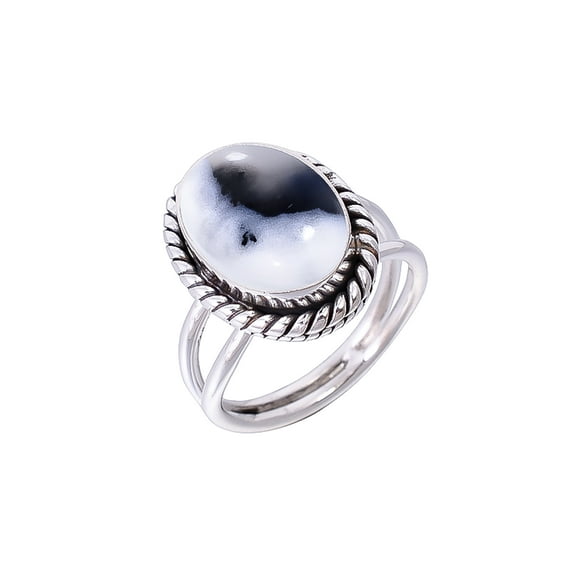 Merlinite Dendritic Opal -Brazil 925 Sterling Silver Ring, Adjustable Ring, Silver Jewelry Ring, Black & White Ring, Oval Ring, Dainty Ring, Handmade