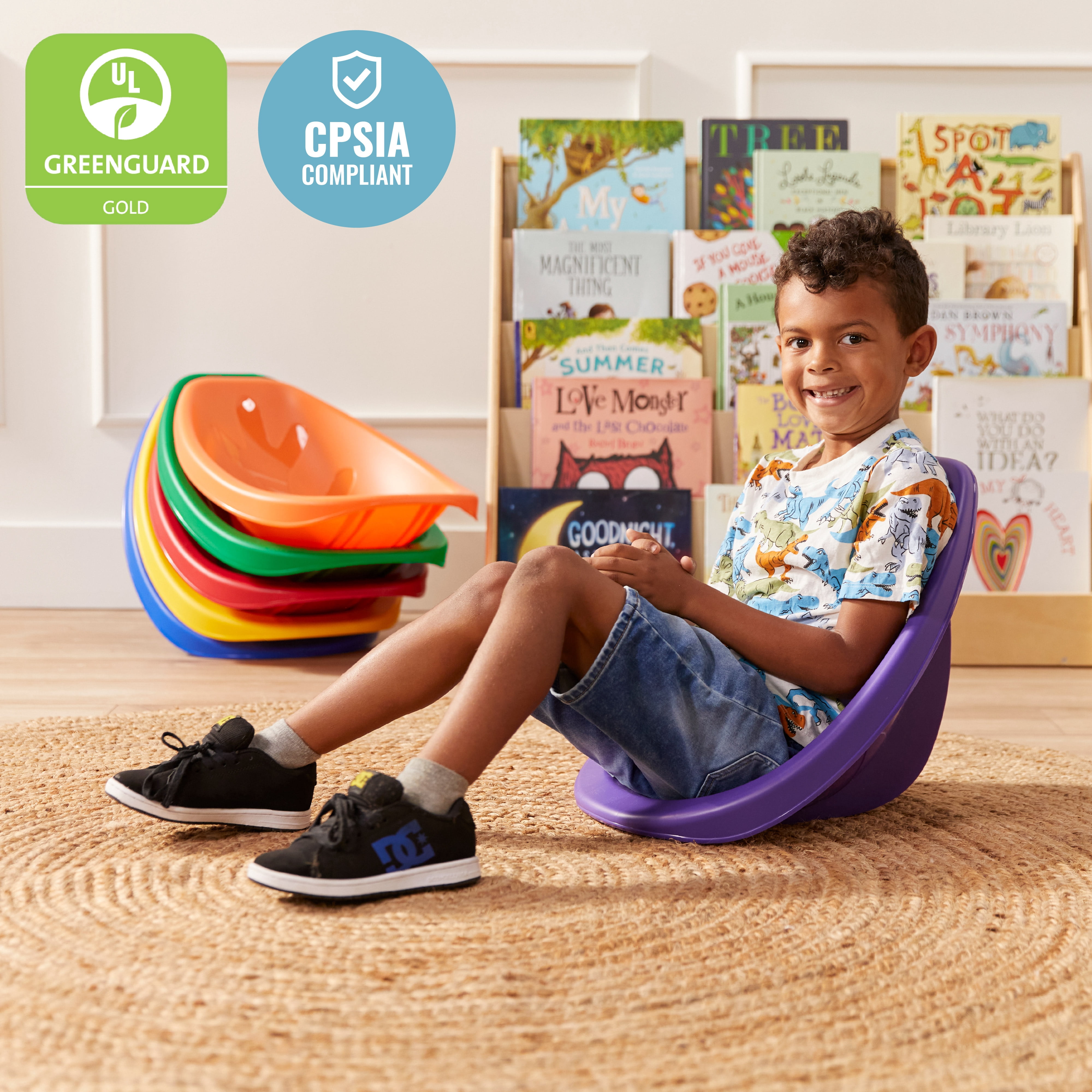 ECR4Kids Plastic Leaf Scoop Floor Rocker Seat, Classroom Furniture, Primary, 6-Piece