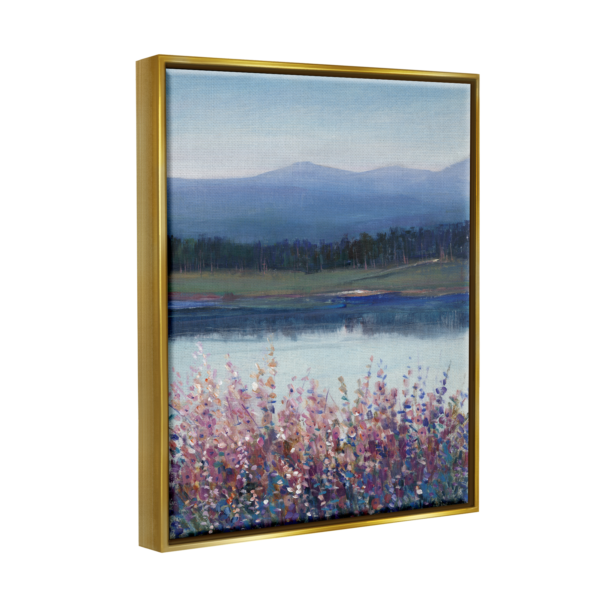 Stupell Industries Lilacs By Lake Mountain Landscape Coastal Painting Gold Floater Framed Art Print Wall Art