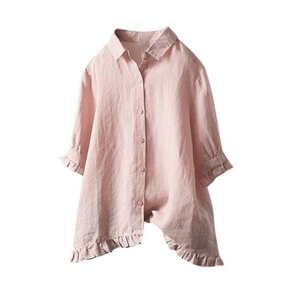 GEWSEY Womens Cotton Linen Button Down Loose Shirts Long Sleeve Collared Gauze Blouses Business Casual Tshirts Loose Summer Tops (Pink, 5XL)