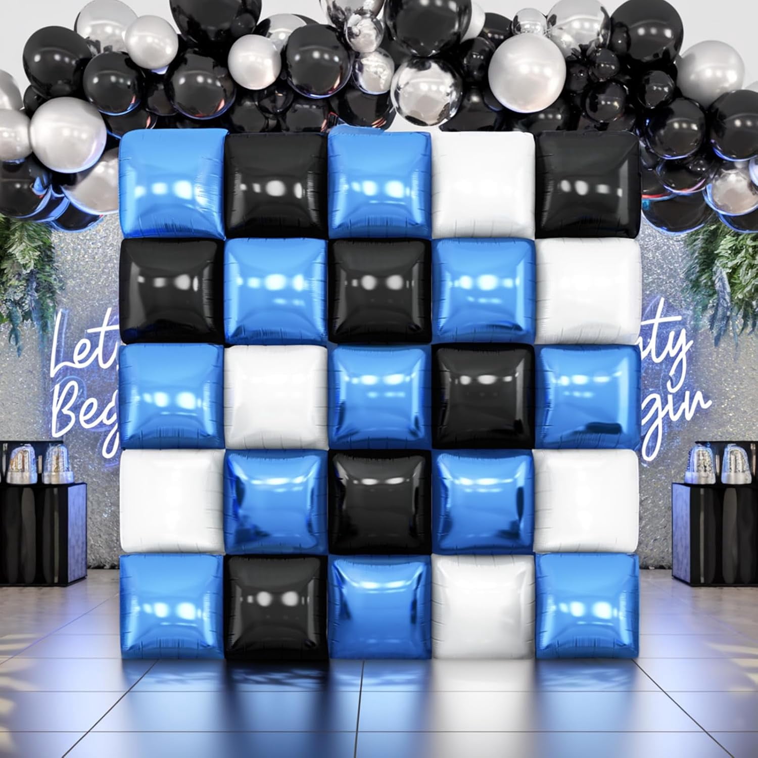 Black Blue White Square Foil Balloon Wall,25Pcs Double Sided Foil Balloons Backdrop Helium Polyester Tunnel Arch Garland Kit for Birthday Bridal Anniversary Baby Shower Party Decorations