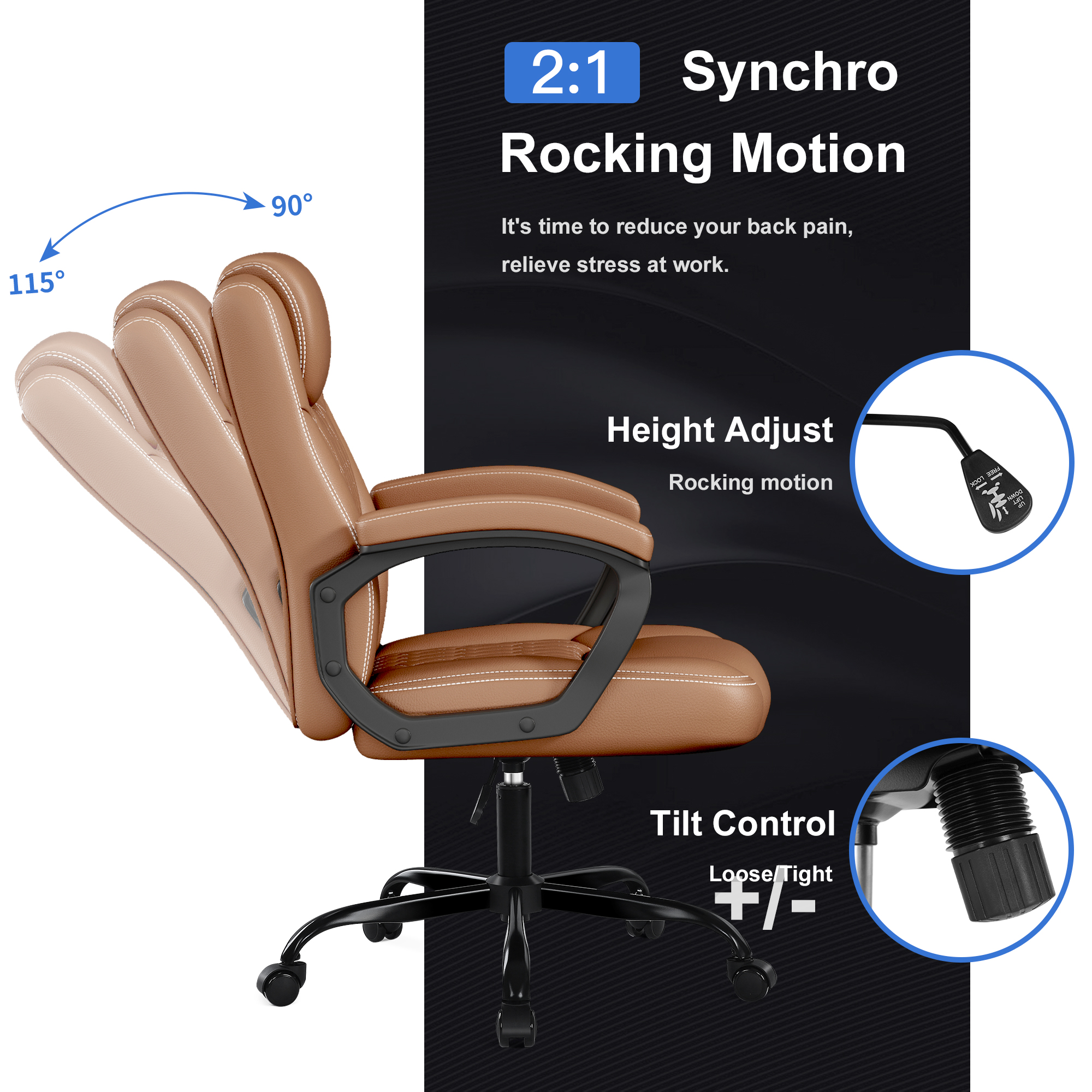 Misolant Office Chair, Executive Desk Chair, PU Leather Comfortable Executive Chairs with Fixed Armrest, Adjustable Height, Rocking Function, 360° Swivel Wheels