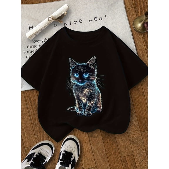 girls glowing cat graphic tee comfy round neck short sleeve summer top 8 14