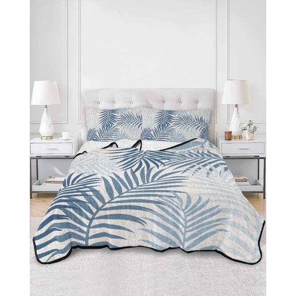 Quilts Twin Size, Blue Grey Palm Leaves Soft Comforter Bedding Set for Bed, Summer Botanical Tropical Leaf Lightweight Quilted Bedspread with Pillow Cover(2 Pieces) for All Season, 68x86 Inch