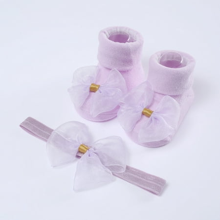 

Esho Baby Girls Soft Lace Cotton Socks + Elastic Bowknot Headband Infants Headwear Floor Socks Set 0-6M 6-12M