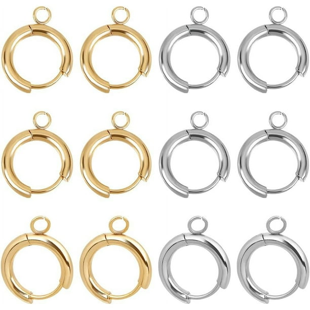 12 aros de acero inoxidable 201 chapados en oro de 24 quilates, 2 colores, 15 mm de diámetro, con cierre de palanca de metal, redondos, con clip para pendientes.