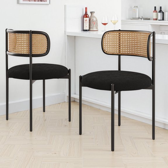 MAYEERTY 2-Pack Black Modern Upholstered Dining Chairs, Rattan Back, Metal Legs, Kitchen Accent