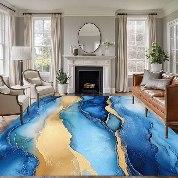 5'x7' Area Rugs, Blue Golden Ombre Marble Indoor Outdoor Area Rug for Living Room Bedroom, Modern Abstract Ink Painted Washable Bathroom Rugs Kitchen Floor Carpet Mats Home Decor Aesthetic