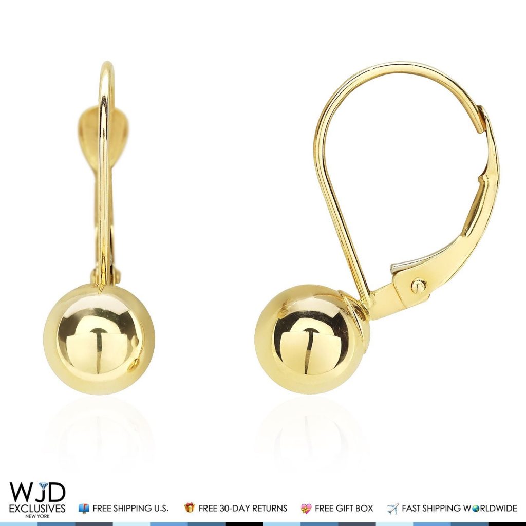 6mm Diameter Ball Lever Back Earrings 14K Solid Yellow Gold 0.7"