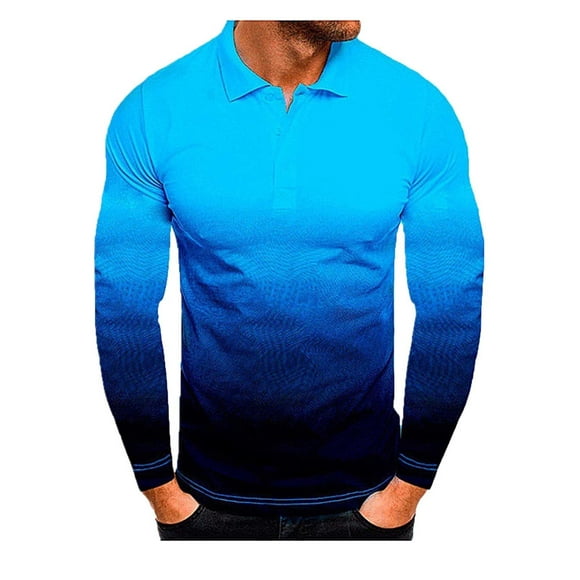 Meichang Polo Shirts for Men 2024 Trendy 3D Gradient Graphic Tees Quarter Button Long Sleeve T Shirts Classic Fit Sports Tops Gym Workout Shirt