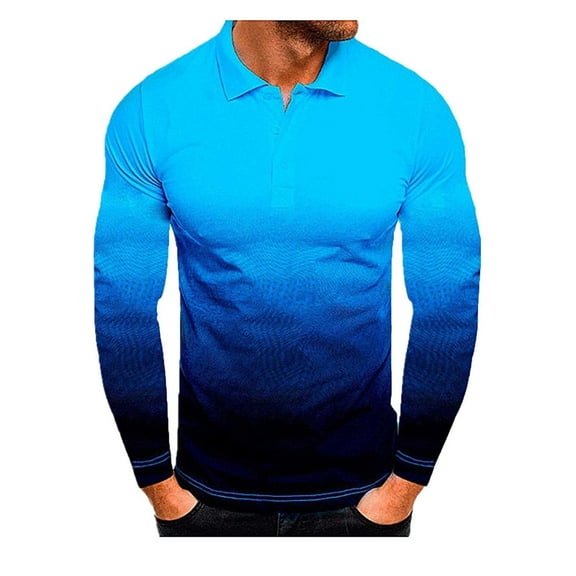 IROINNID Button Up Shirts for Men Printing Turn-Down Collar Pullover Tops Slim Fit Basic Long Sleeve T-Shirt,Blue
