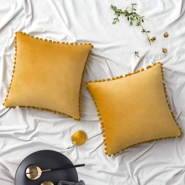 Paquete de 2 fundas de almohada de terciopelo, fundas de almohada decorativas con pompones, fundas de almohada suaves sólidas con pompones cuadrados para sofá, dormitorio, coche, 45x45cm Xemadio LRWJ223-25