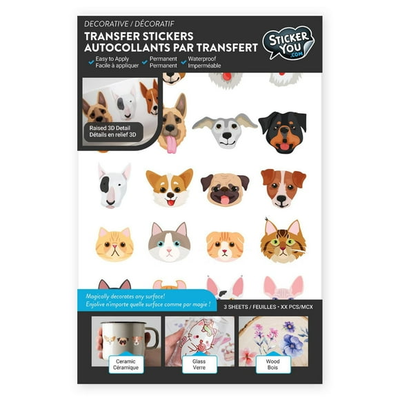 StickerYou Autocollants par transfert châts chiens et animaux 6.25" x 10" / 3 flles / 45 mcx
