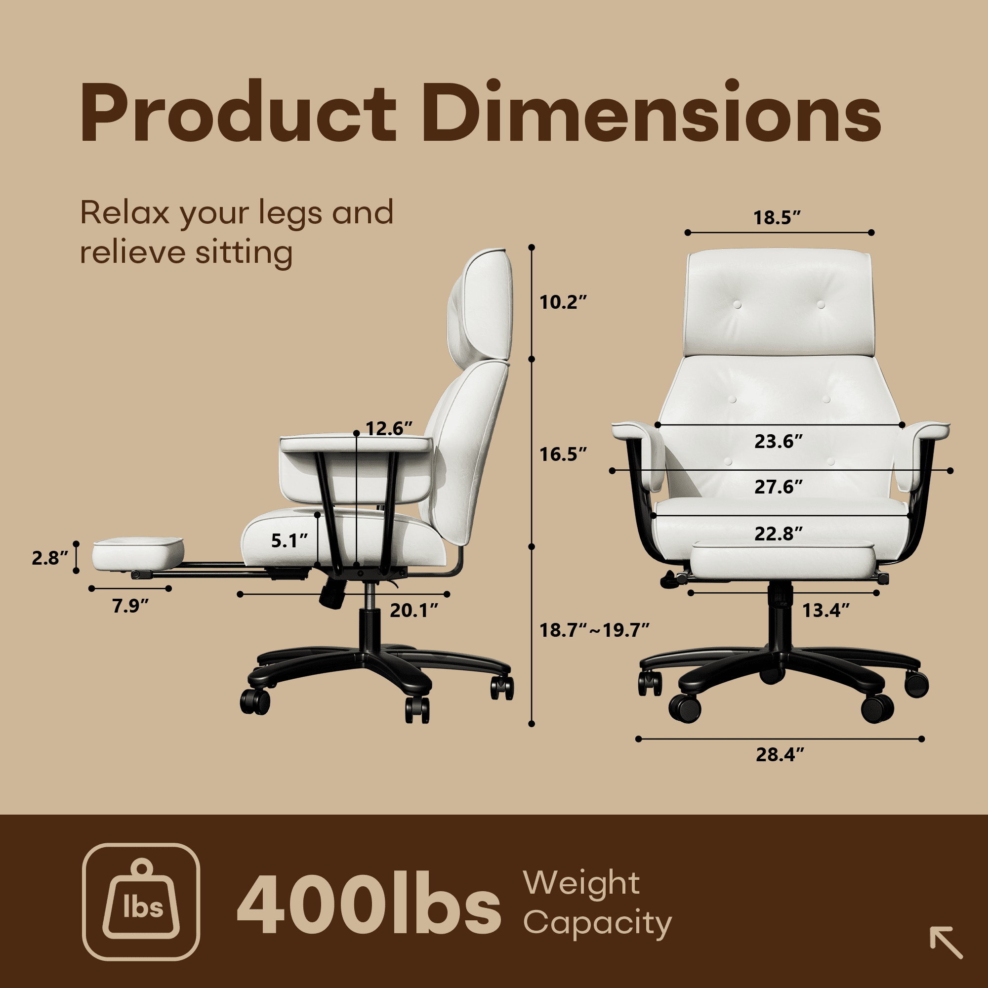 Ninecer Reclining Office Chair with Footrest, Big and Tall Desk Chair 400lbs, Adjustable Height Computer Chair, Thick Cushion & Lumbar Support, Swivel Office Chair with Arms, White