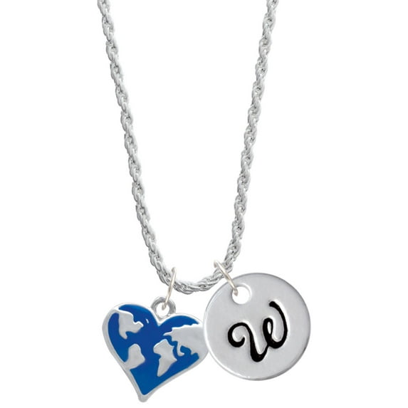 Delight Jewelry Silvertone Enamel Earth Heart Silvertone Script Initial Disc - W - Charm Necklace, 20"+3"