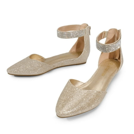 BURUDANI Women Flats Shoes Low Wedge Sandals Ankle Strap Pointed Toe GOLD Size 8