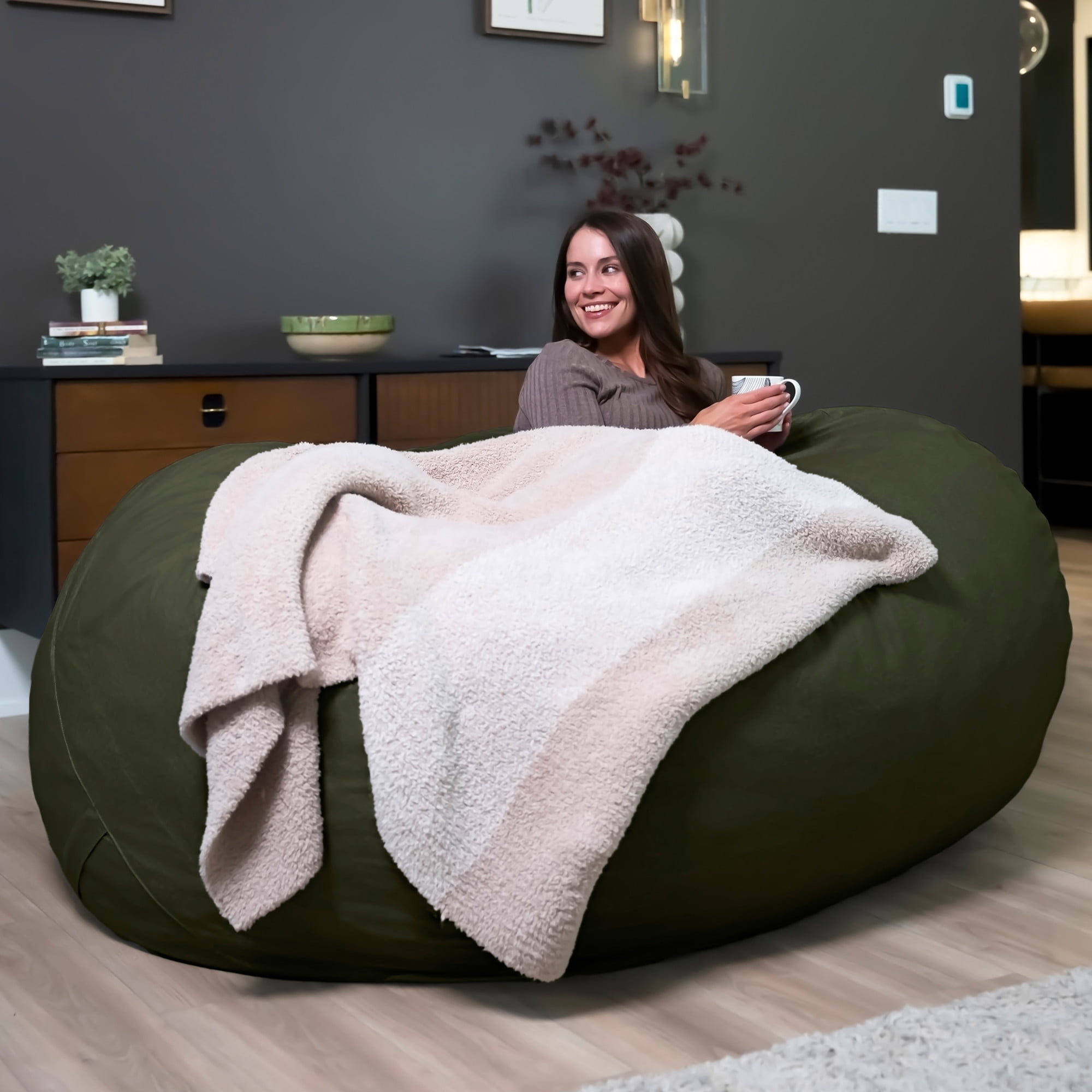 Big Joe Fuf 7Ft Giant Foam Bean Bag Chair, Oversized Couch with Removable Cover for Kids, Teens, Adults, Forest Green Velveteen, Durable Woven Polyester, 7 foot