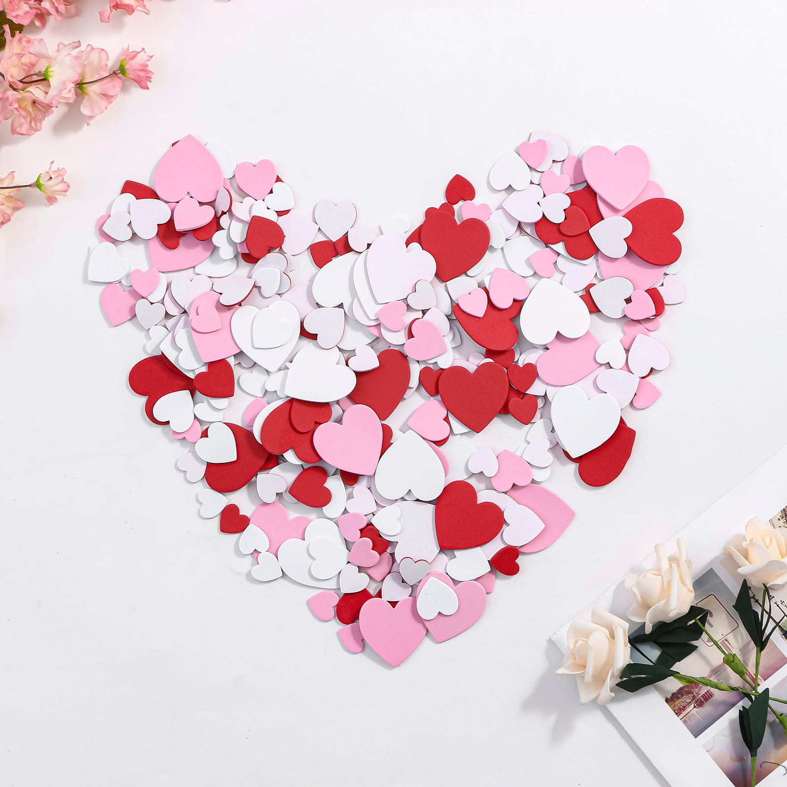 RuiJiao Heart-Shaped Sponge Foam Stickers 300 Pack for Mother's Day Decoration, Red Pink White Colors, DIY Craft Scrapbooking Party Supplies