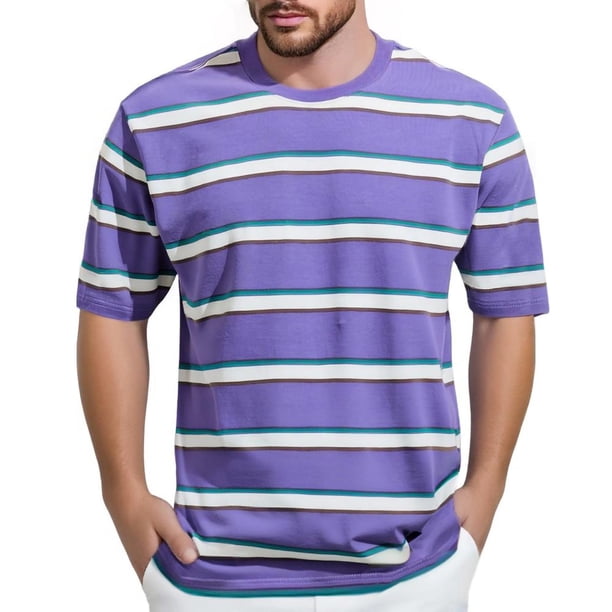 Tops para hombre, blusas y camisas de cuello redondo y manga corta para hombre, top casual de verano para hombre, top/camisa de cuello redondo y manga corta con solapa y estampado a rayas para hombre,