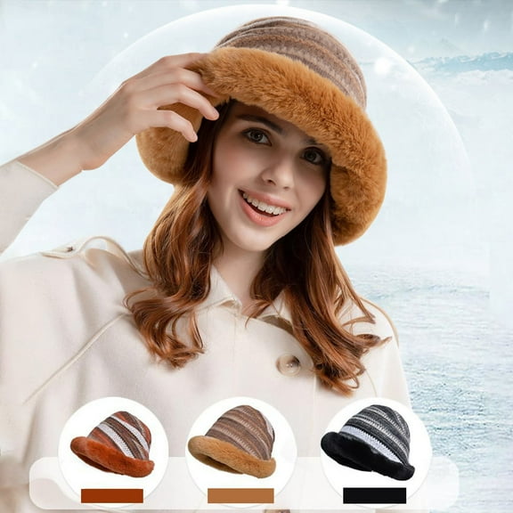 Women's Faux Fur Bucket Hats, Plush Fluffy Winter Warm Ladie's Fisherman Cap
