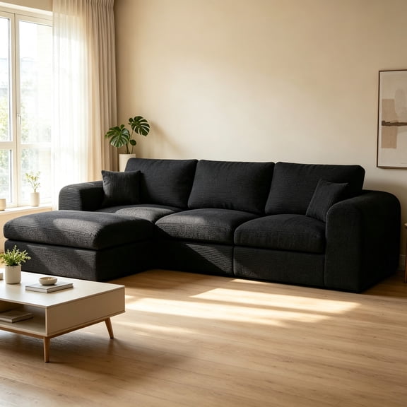 Luxury 108'' Upholstered Boneless Couch with Ottoman Convertible Cloud Sectional Couches for Living room Corduroy Modular Sectional Sofa with Deepseat (Black, 3 Seater 1 Ottoman)