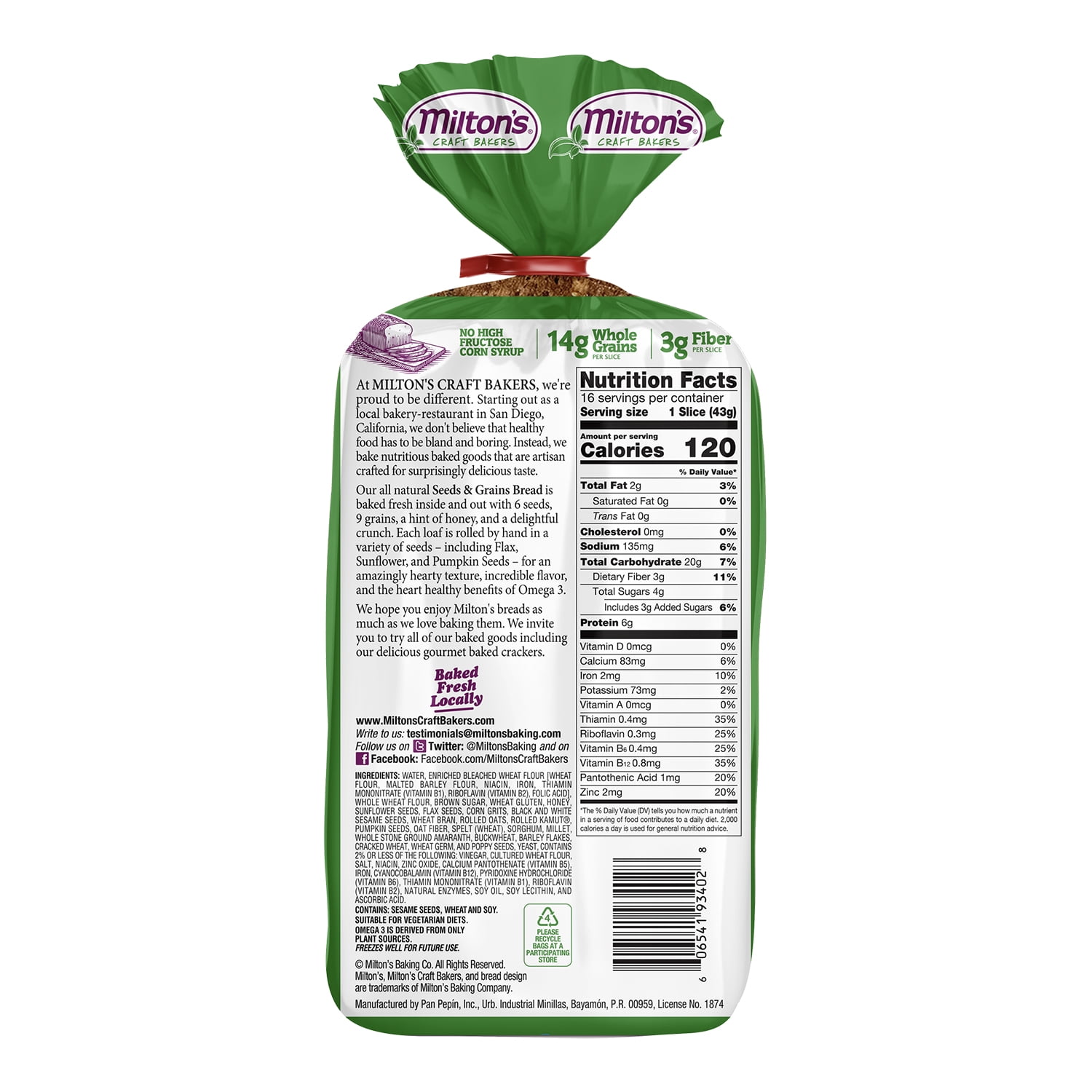 Milton's, Seeds & Grains, Sliced Sandwich Bread Loaf, 24 oz, Shelf Stable