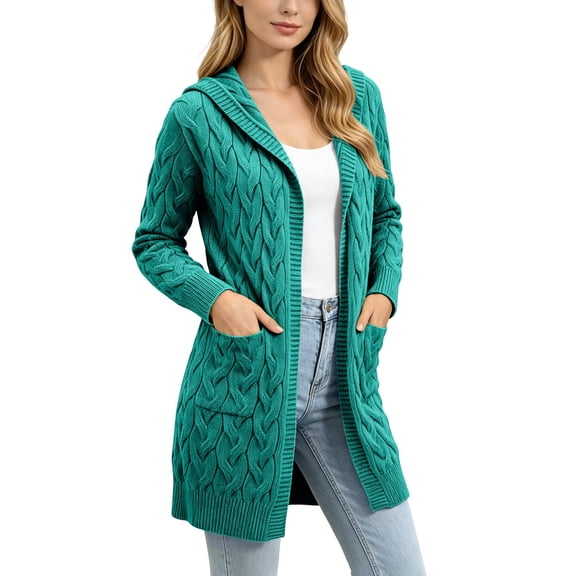 Naotn Plus Size Hooded Cardigan Sweaters for Women Trendy Fall Open Front Long‑Sleeve Cable Knit Loose Fit Tops with Side Pockets