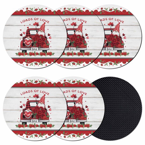 Red Valentine's Day Coasters Set of 6, Absorbent Coasters for Drinks, Love Heart Roses Gnomes Vintage Floral Coaster for Desk Coffee Table Protection, Home Decor House Warming Gifts 4"