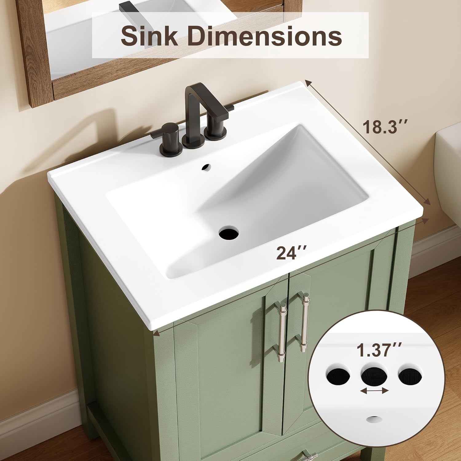 24" Bathroom Vanity with Sink, Freestanding Wooden Bathroom Vanity Cabinet with Soft-Closing Door and Metal Handle, Modern Floor Standing Storage for Small Spaces，Light Green