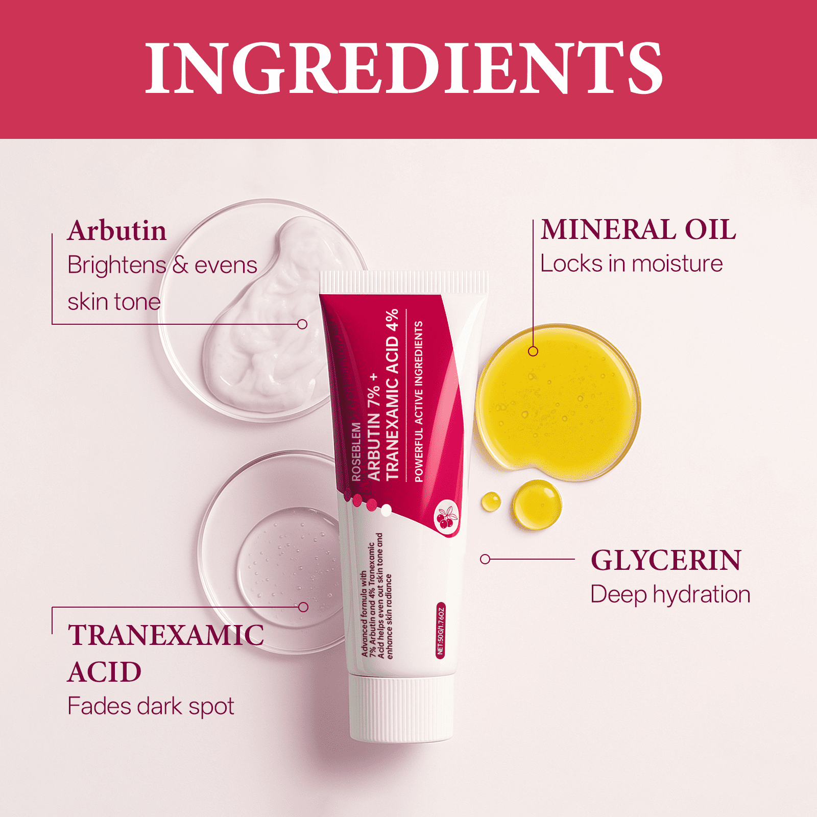 Arbutin 7% & Tranexamic Acid 4% Cream, 70,000ppm Arbutin for Glow Skin Care, Youthful Moisturizing Facial Cream for All Types，3pcs/1.76oz