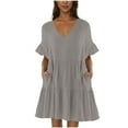 thumbnail image 2 of LADIGASU Women's Casual Solid Color V-Neck Pullover Short Sleeve Short Skirt Dress, 2 of 8