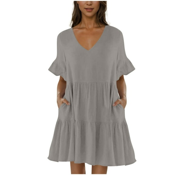Kukoosong Women's Casual Solid Color V-Neck Short Sleeve Sundress with Pockets and Ruffled Sleeves Cocktail Length Dress for Summer Party Beach Wedding Dresses